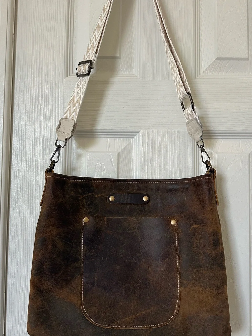 Myra Bag Distressed Brown Leather Hobo with Cream Woven Strap